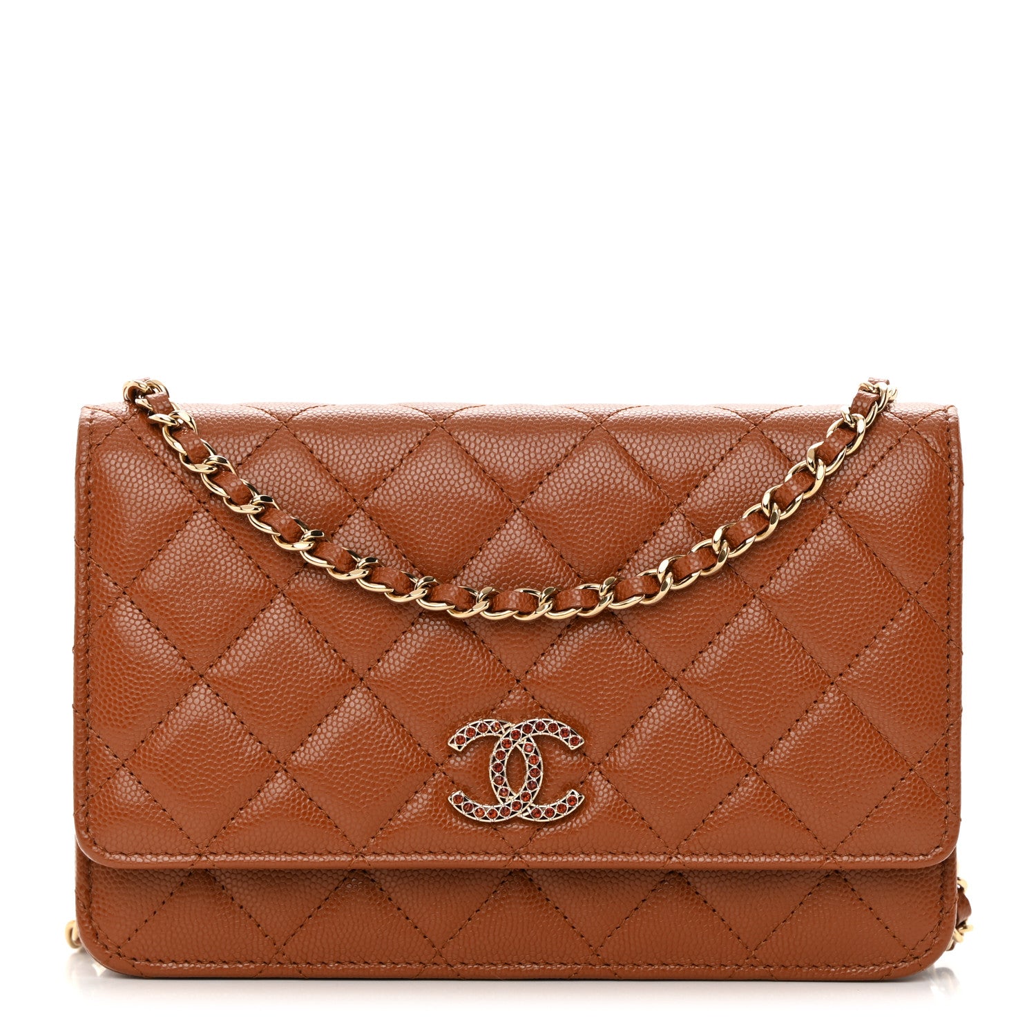 Chanel Shiny Caviar Quilted Strass Wallet On Chain WOC Light Brown 1 of 14