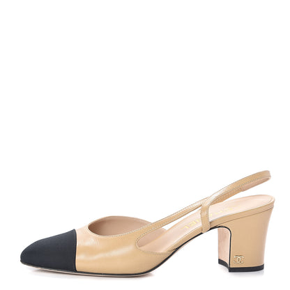 Chanel Goatskin Grosgrain Cap Toe CC Slingback Pumps 39 Beige Black 1 of 7