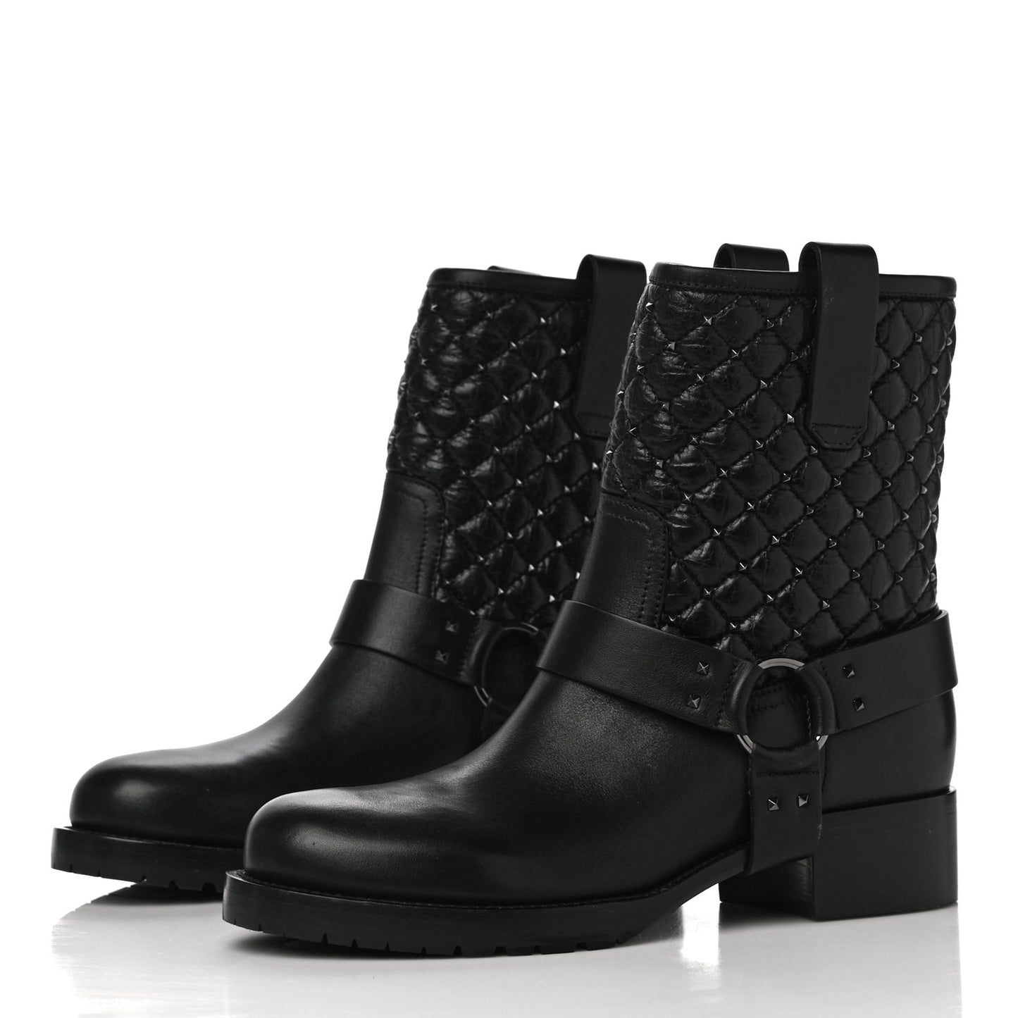Calfskin Crackled Lambskin Rockstud Spike 20mm Biker Boots 37 Black