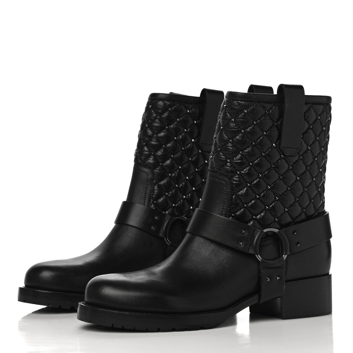 Valentino Garavani Calfskin Crackled Lambskin Rockstud Spike 20mm Biker Boots 37 Black 4 of 12