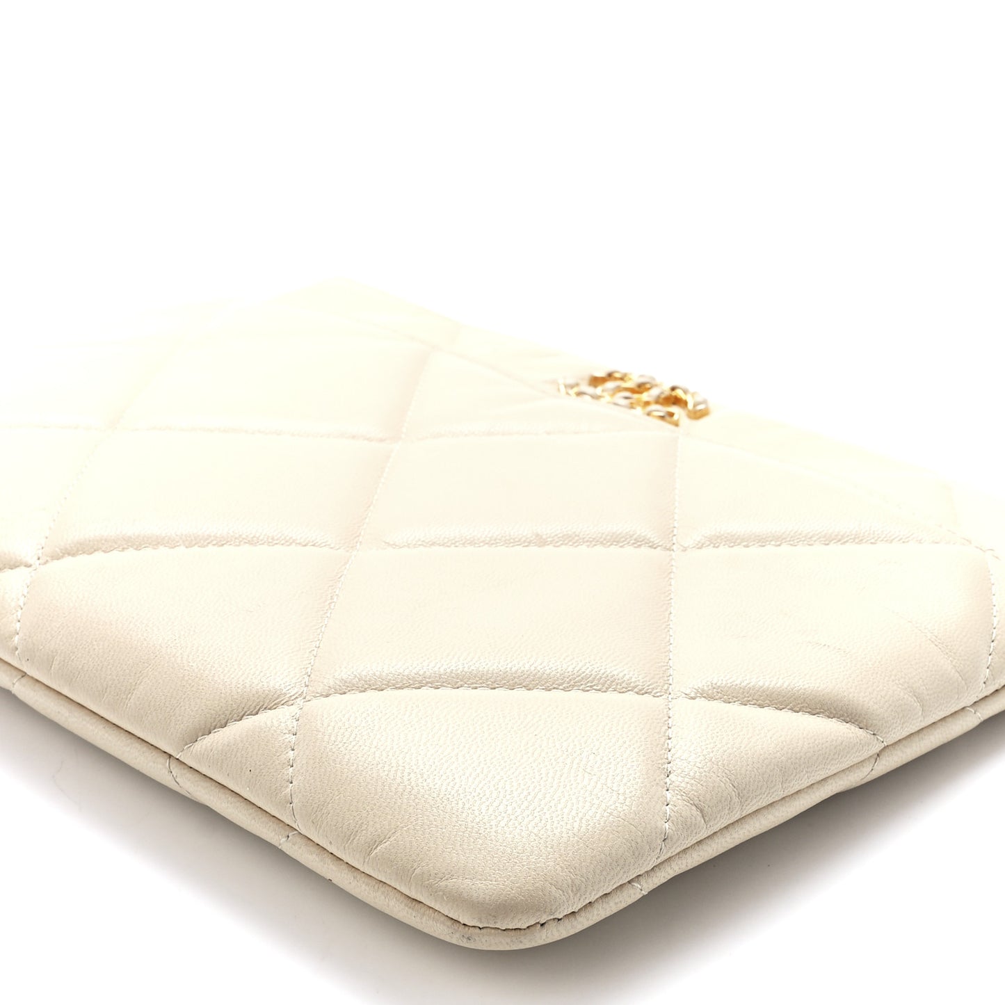 Shiny Goatskin Quilted Chanel 19 Pouch Beige
