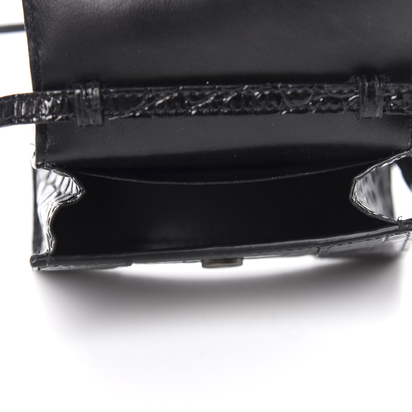 Shiny Calfskin Monochrome Crocodile Embossed Hourglass Top Handle Bag Mini Black