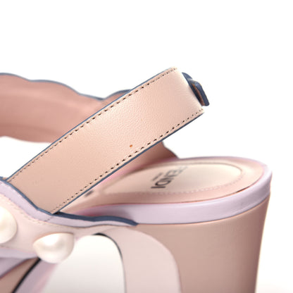 Fendi Calfskin Scalloped Pearl Studded Flower Embellished Platform Sandals 35 Beige Multicolor 10 of 14