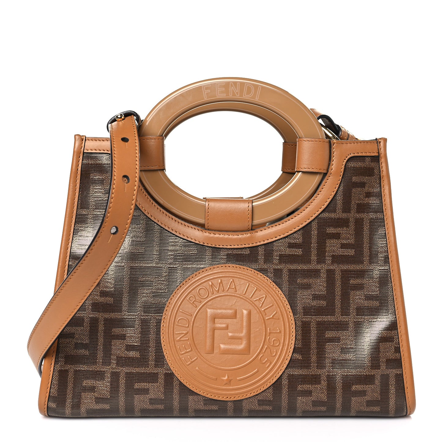 Glazed Fabric Vitello Century Plexiglass FF 1974 Stamp Patch Small Runaway Shopper Tote Mogano Panna Nocciola