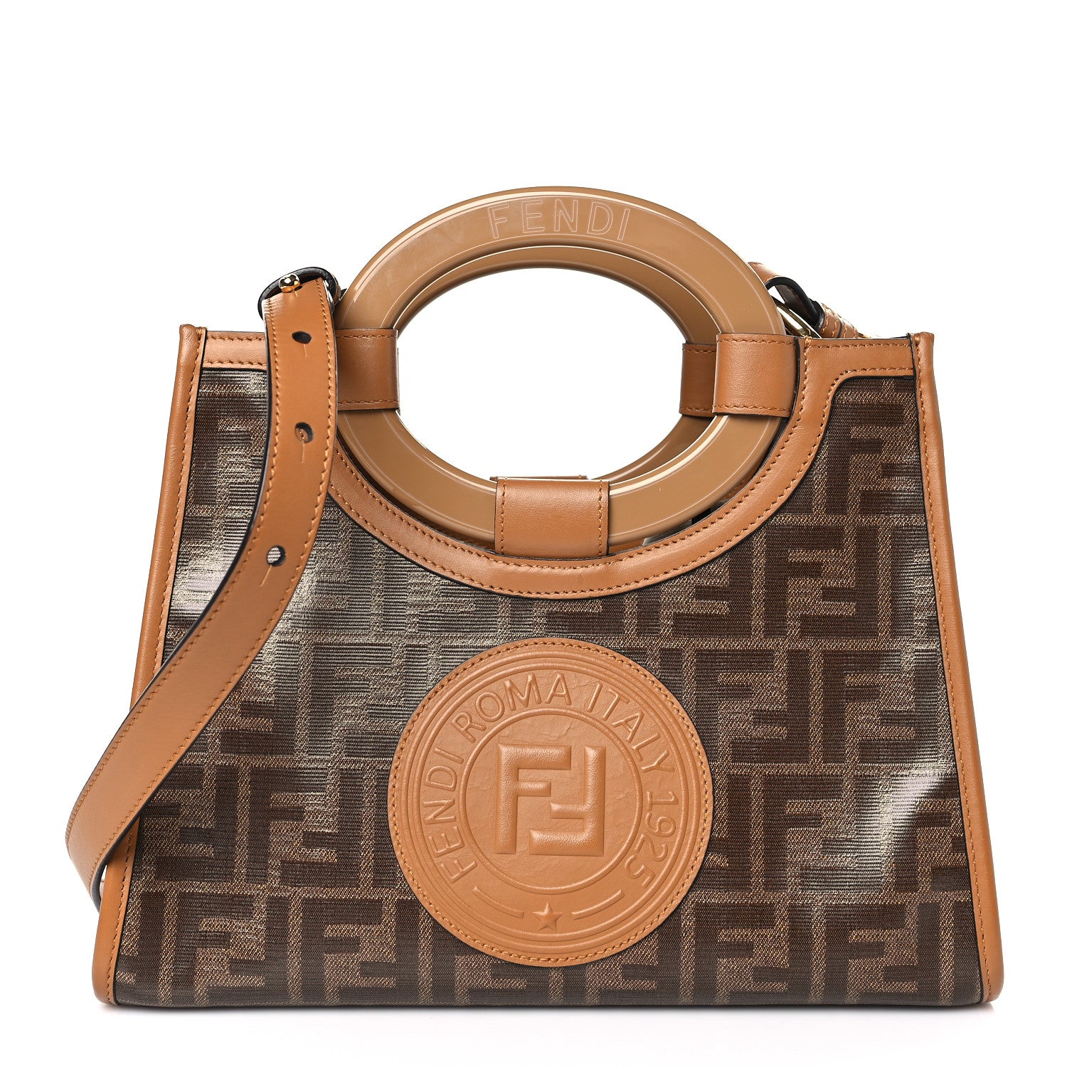Fendi Glazed Fabric Vitello Century Plexiglass FF 1974 Stamp Patch Small Runaway Shopper Tote Mogano Panna Nocciola 1 of 9