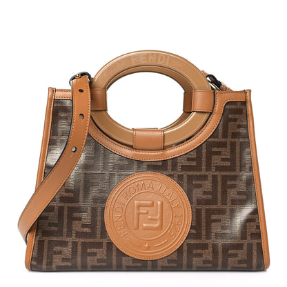Fendi Glazed Fabric Vitello Century Plexiglass FF 1974 Stamp Patch Small Runaway Shopper Tote Mogano Panna Nocciola 1 of 9