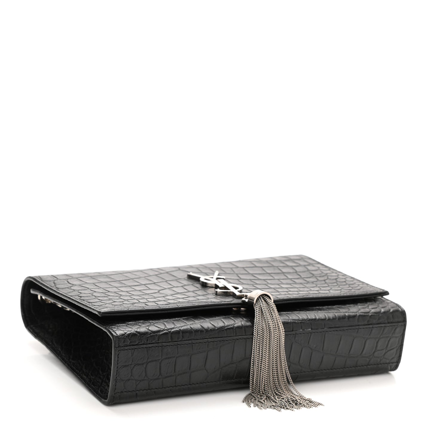 Calfskin Crocodile Embossed Medium Classic Monogram Kate Tassel Satchel Black