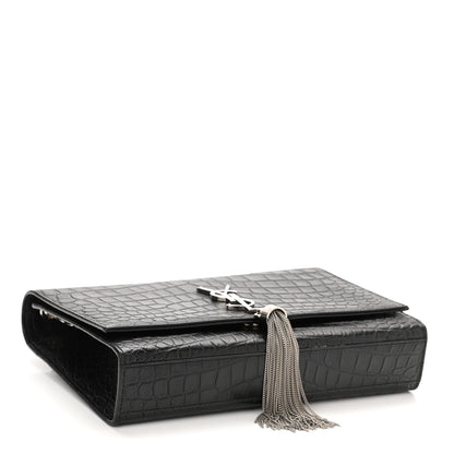Saint Laurent Calfskin Crocodile Embossed Medium Classic Monogram Kate Tassel Satchel Black 4 of 9