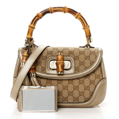 Gucci Monogram Metallic Calfskin Medium New Bamboo Top Handle Bag Golden Beige 3 of 11
