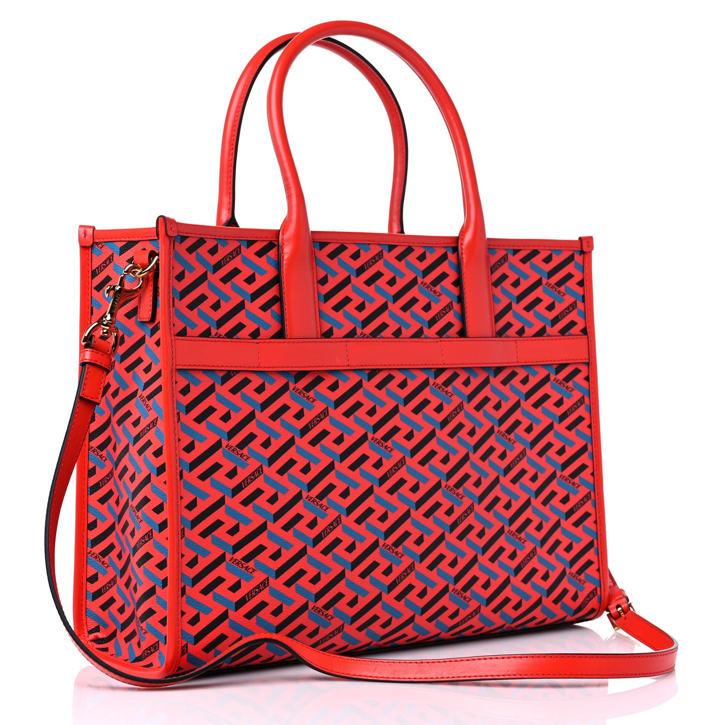 Coated Canvas Calfskin La Greca Signature Tote Bag Blue Red