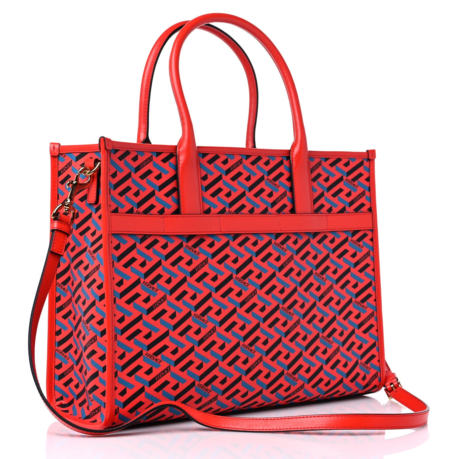Versace Coated Canvas Calfskin La Greca Signature Tote Bag Blue Red 3 of 8