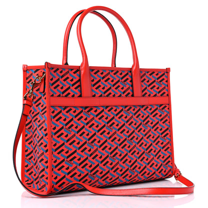 Versace Coated Canvas Calfskin La Greca Signature Tote Bag Blue Red 3 of 8