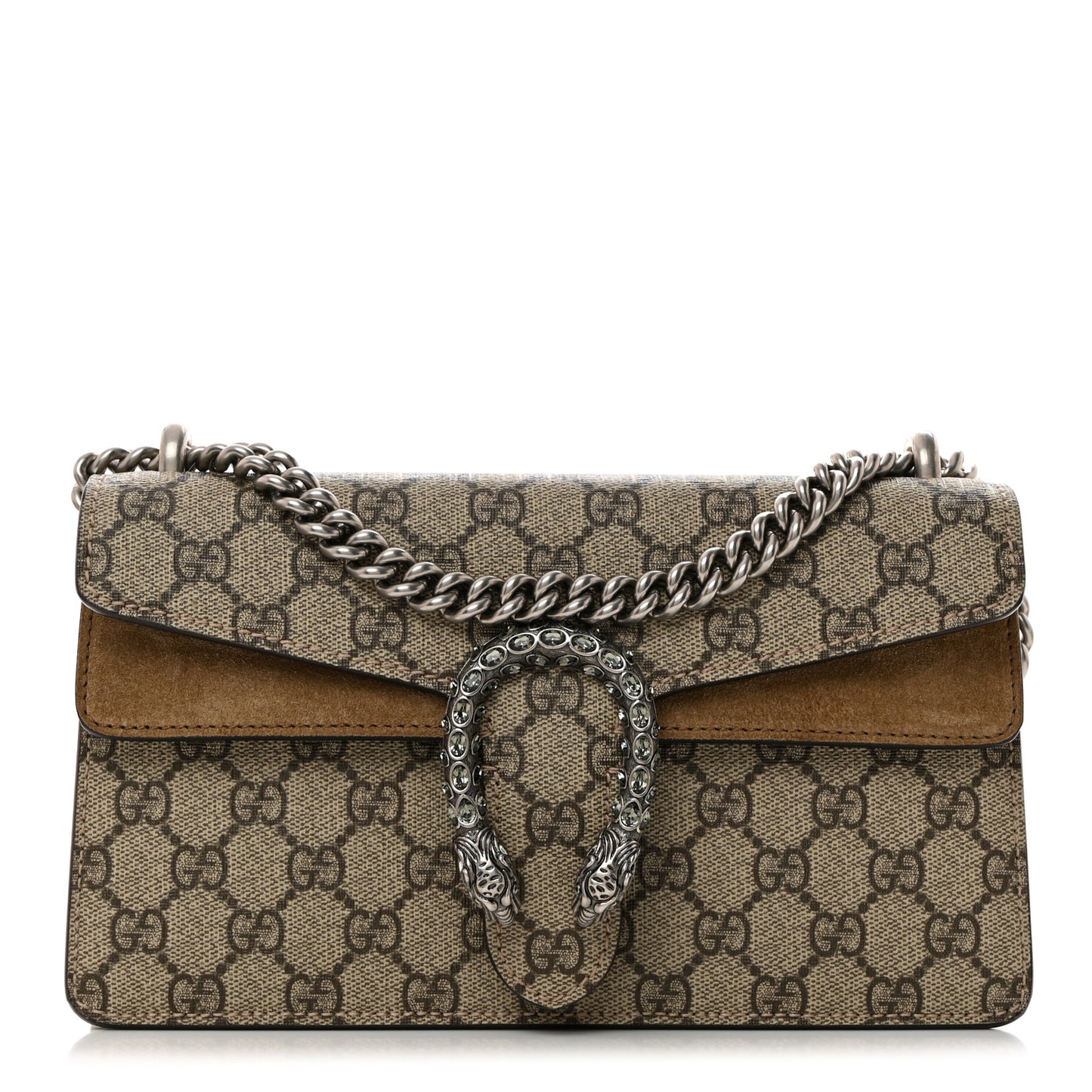 GG Supreme Monogram Suede Crystal Small Dionysus Shoulder Bag Beige Ebony Taupe