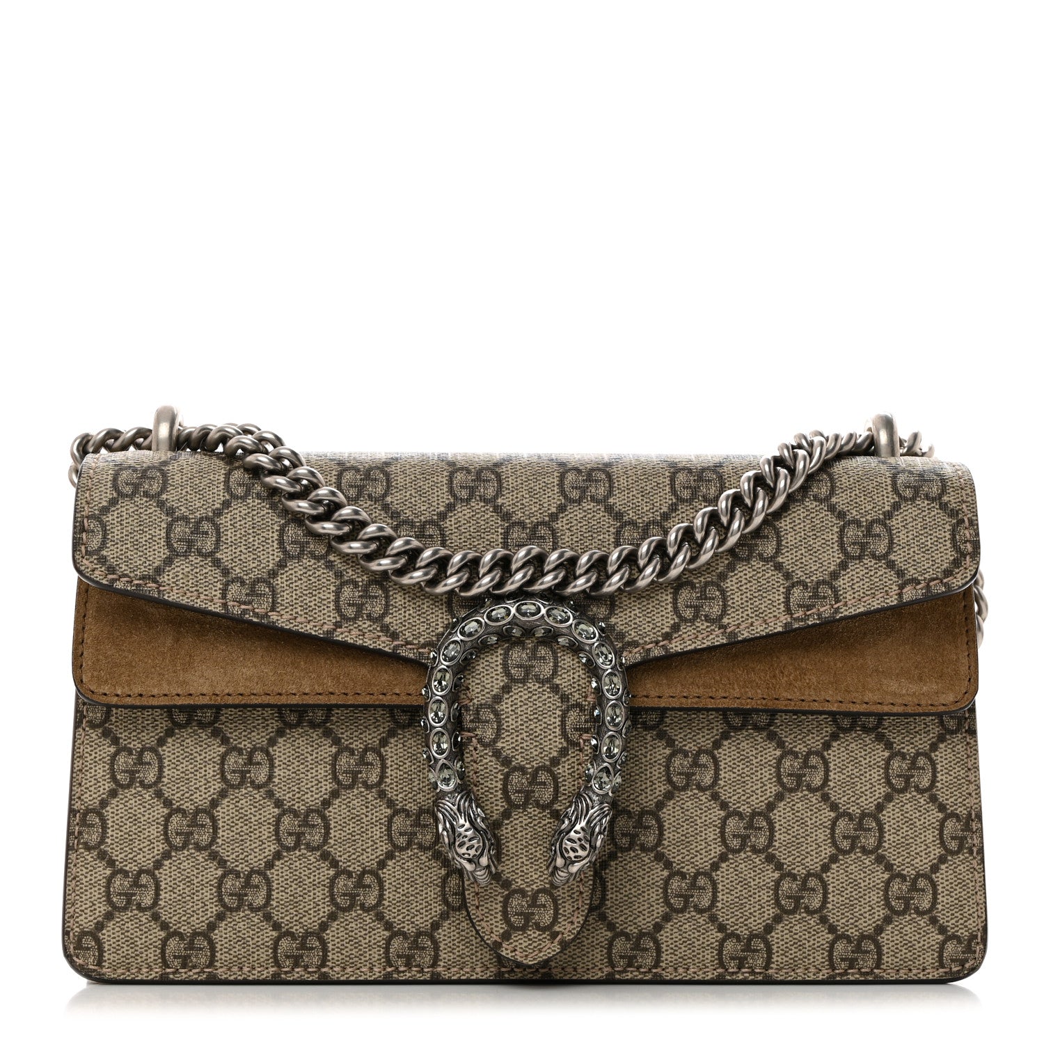 Gucci GG Supreme Monogram Suede Crystal Small Dionysus Shoulder Bag Beige Ebony Taupe 1 of 10
