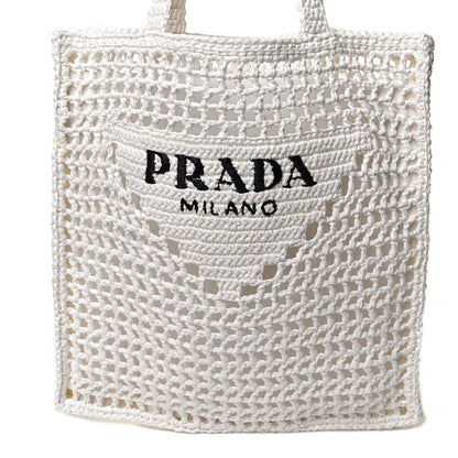 Prada Yarn Raffia Effect Crochet Logo Embroidered Tote Bag White 7 of 9