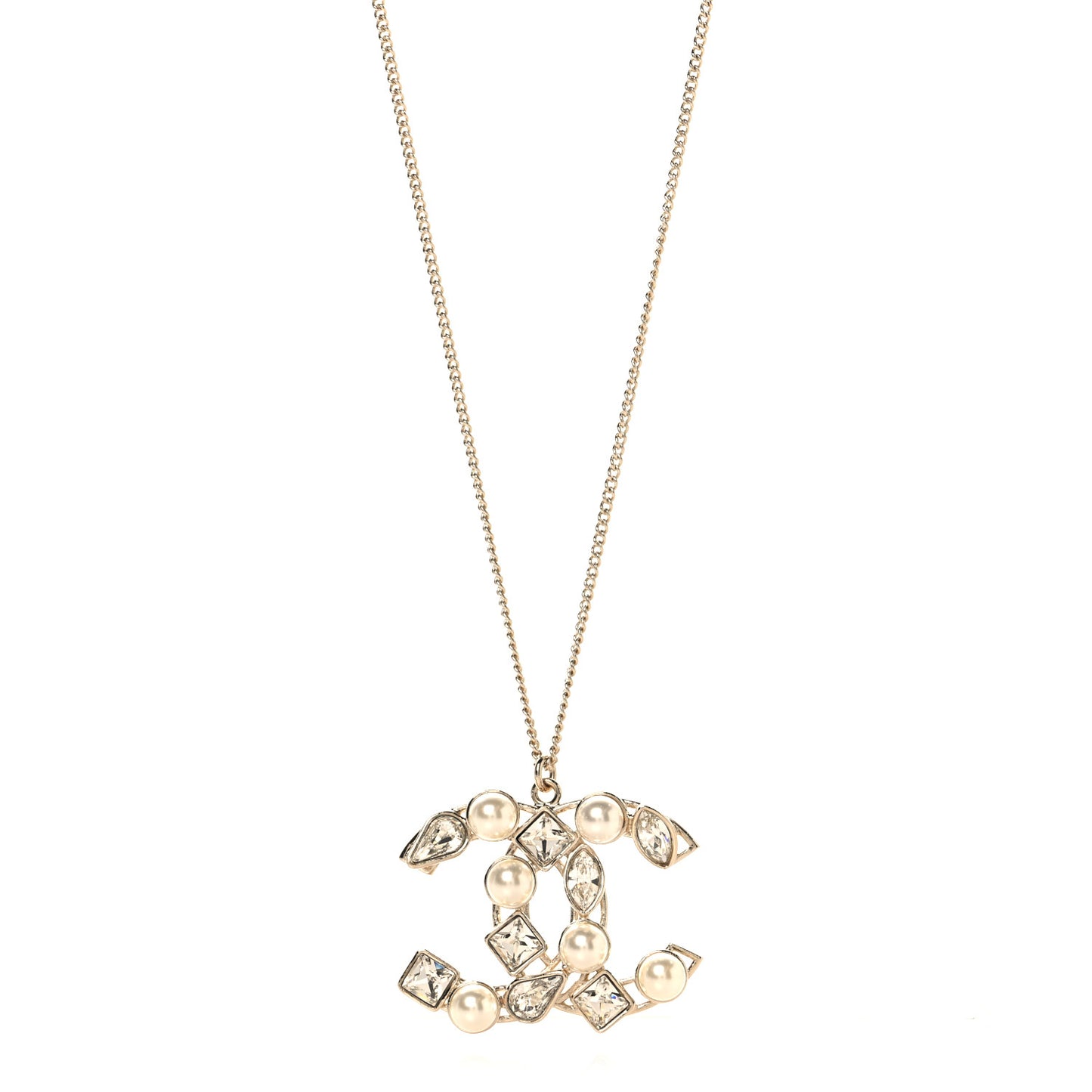 Crystal Pearl CC Pendant Necklace Gold