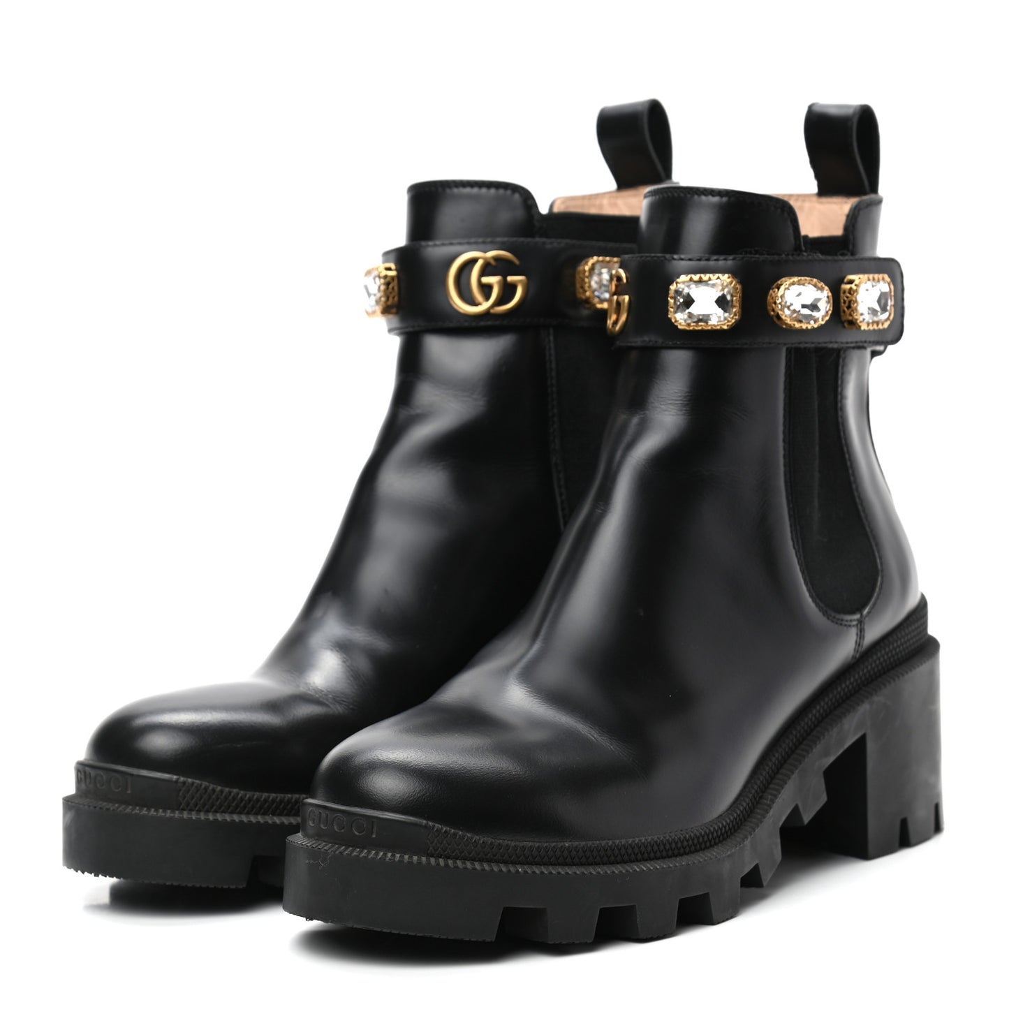Calfskin Crystal GG Trip Chelsea Ankle Boots 37.5 Black