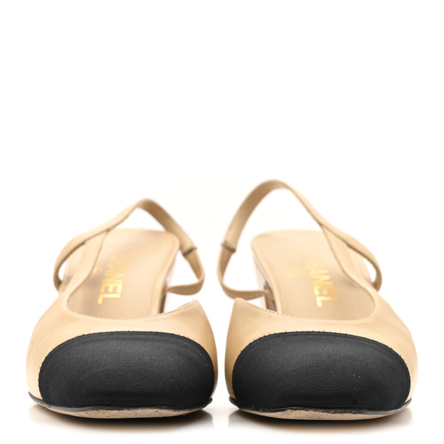 Goatskin Grosgrain Cap Toe CC Slingback Pumps 38.5 Beige Black