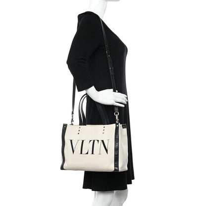 Valentino Garavani Canvas Calfskin VLTN Print Small Rockstud Tote Naturale Black 2 of 12
