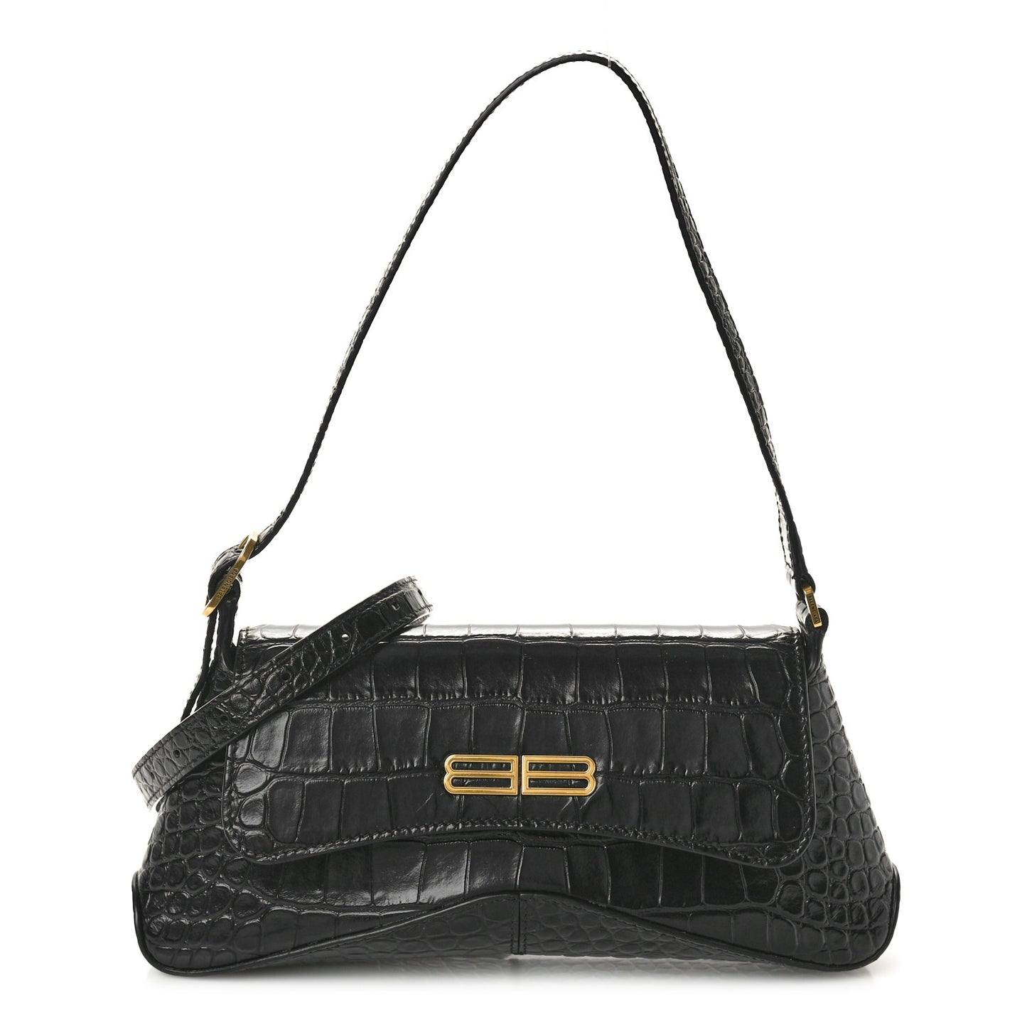 Shiny Super Supple Calfskin Crocodile Embossed Small XX Flap Stretch Bag Black