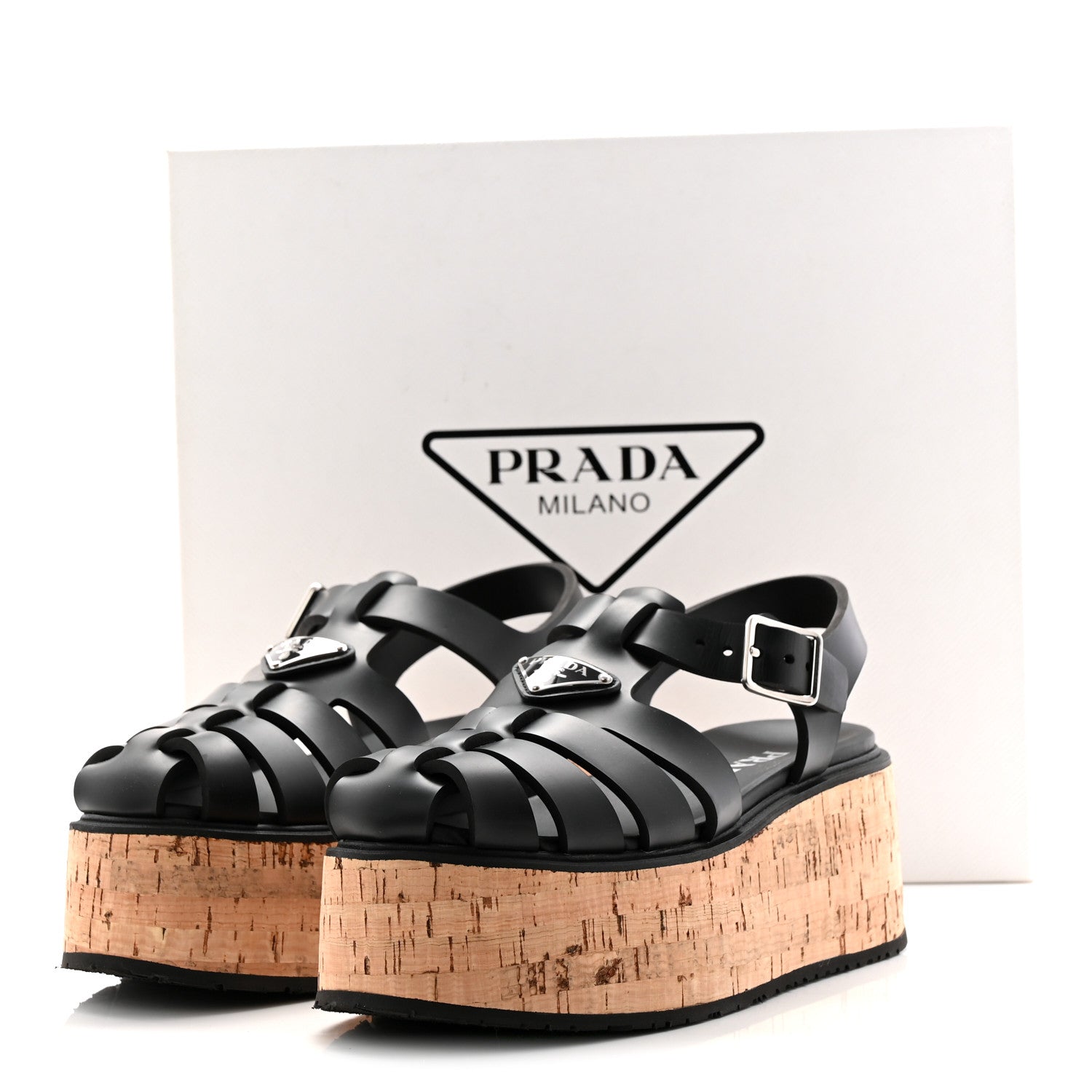 Prada Foam Rubber Cork Triangle Logo Platform Cage Sandals 38 Black 10 of 10