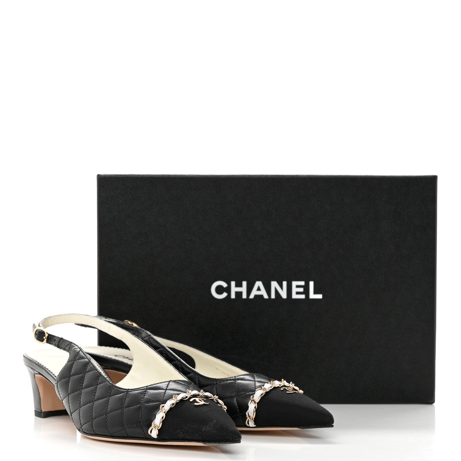 Chanel Lambskin Grosgrain Quilted Cap Toe CC Chain Slingback Pumps 40 Black 8 of 8