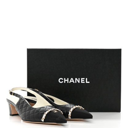 Chanel Lambskin Grosgrain Quilted Cap Toe CC Chain Slingback Pumps 40 Black 8 of 8