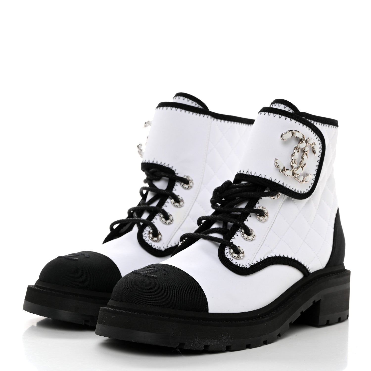 Chanel Fabric Grosgrain Quilted Cap Toe Lace Up Combat Boots 38.5 White Black 3 of 8