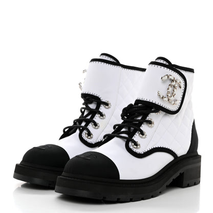 Chanel Fabric Grosgrain Quilted Cap Toe Lace Up Combat Boots 38.5 White Black 3 of 8