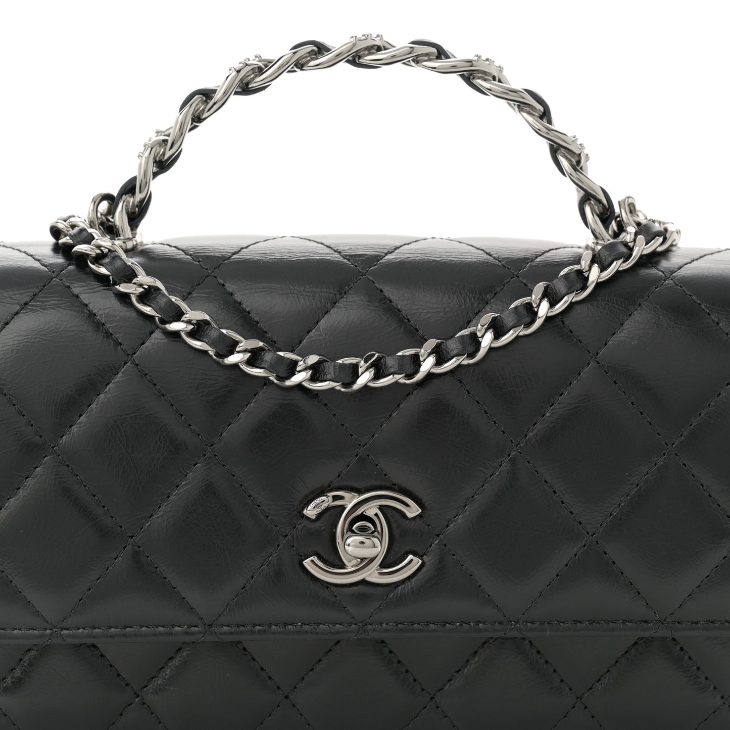 Shiny Crumpled Calfskin Crystal Quilted Precious Handle Clutch With Chain Black