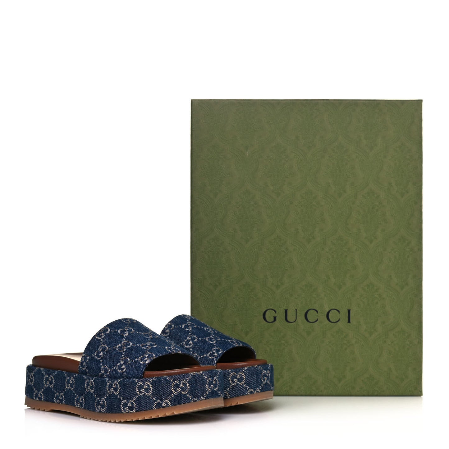 New Denim GG Monogram Angelina Platform 55mm Slide Sandals 36 Blue Tea