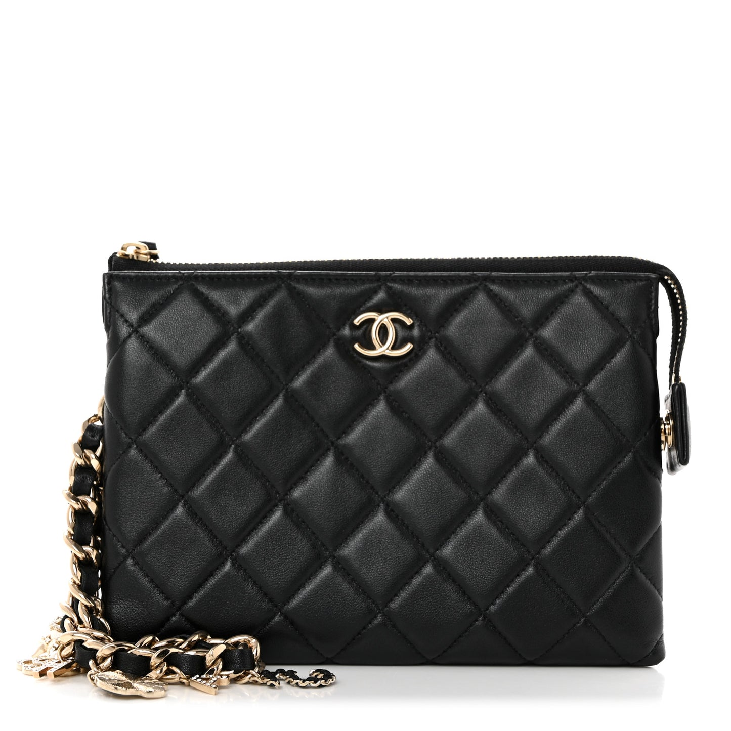 Lambskin Coco Charms Quilted Pouch Bag Black