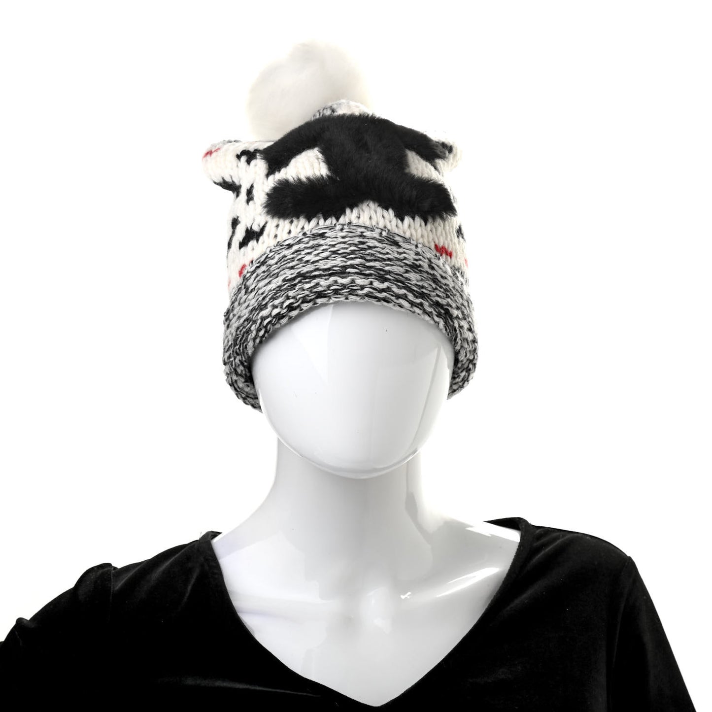 Wool Shearling CC Beanie Hat Ivory Black Red