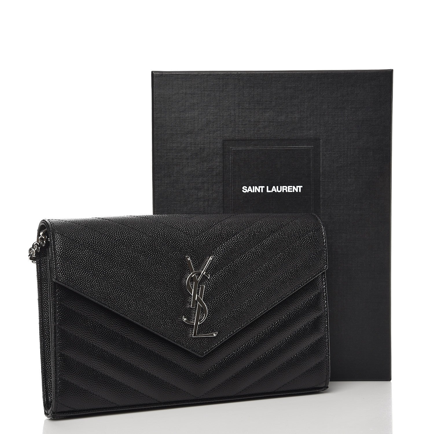 Saint Laurent Grain De Poudre Matelasse Chevron Monogram Chain Wallet Black 7 of 7