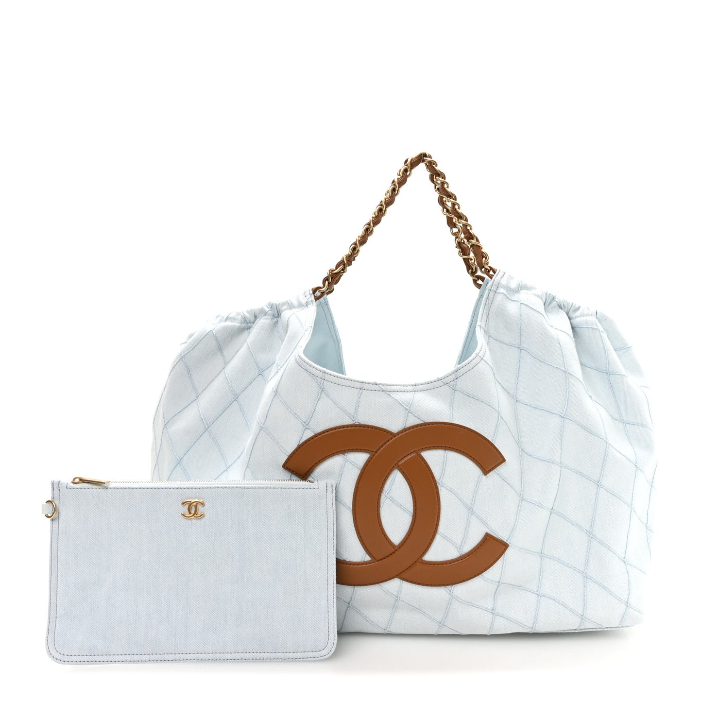 Denim Calfskin Quilted Coco Beach Small Shopping Tote Light Blue Brown