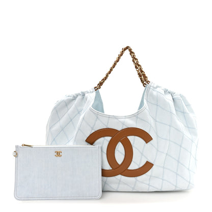 Chanel Denim Calfskin Quilted Coco Beach Small Shopping Tote Light Blue Brown 3 of 11