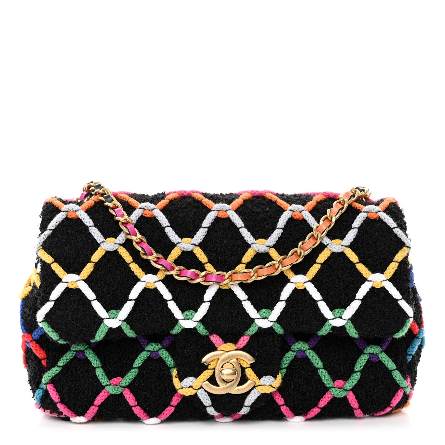 Tweed Diamond Threaded Mini Rectangular Pearl Crush Flap Black Multicolor