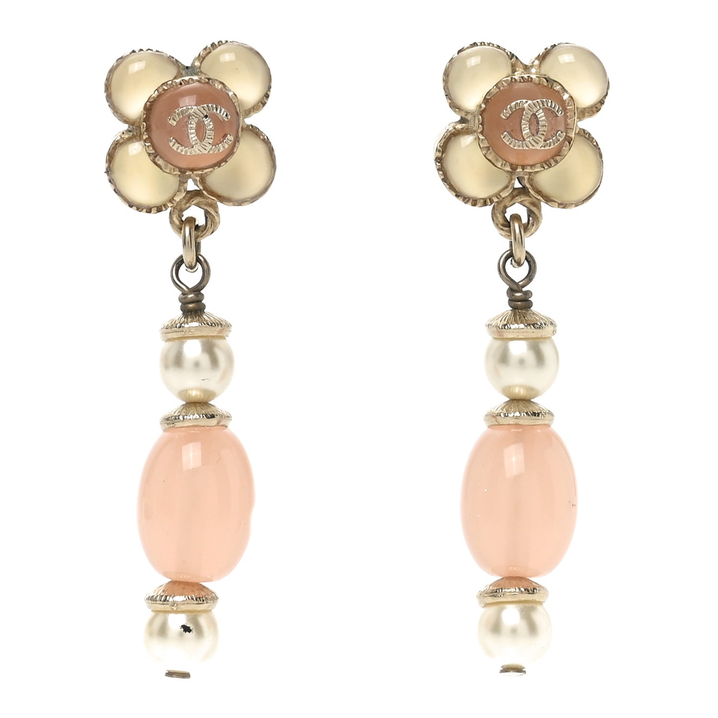 Resin Pearl CC Flower Drop Earrings  Pink Beige
