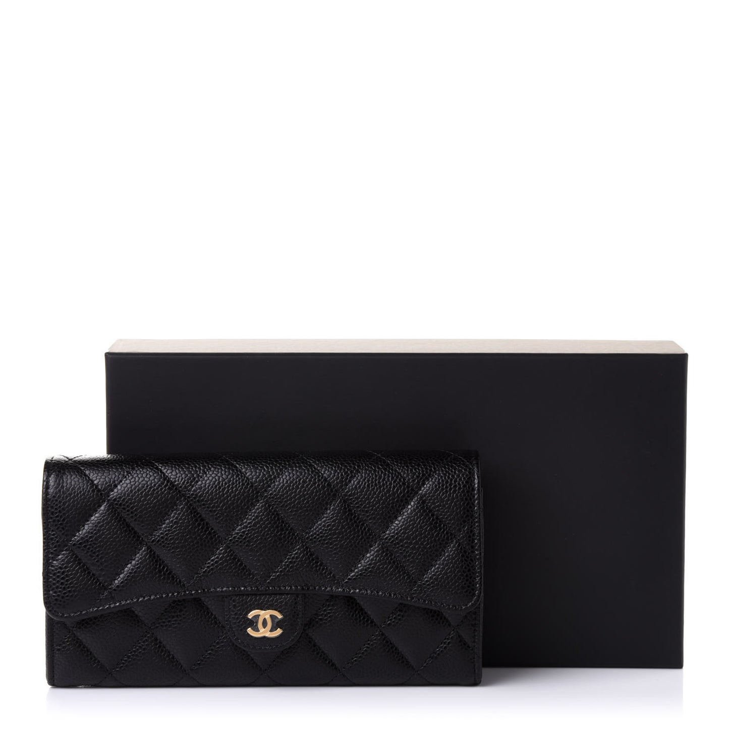Caviar Quilted Large Gusset Flap Wallet Black
