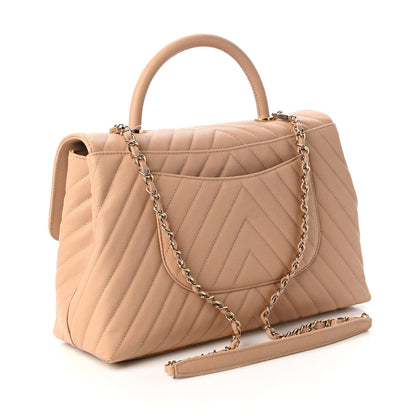 Chanel Caviar Chevron Quilted Medium Coco Handle Flap Beige 3 of 11