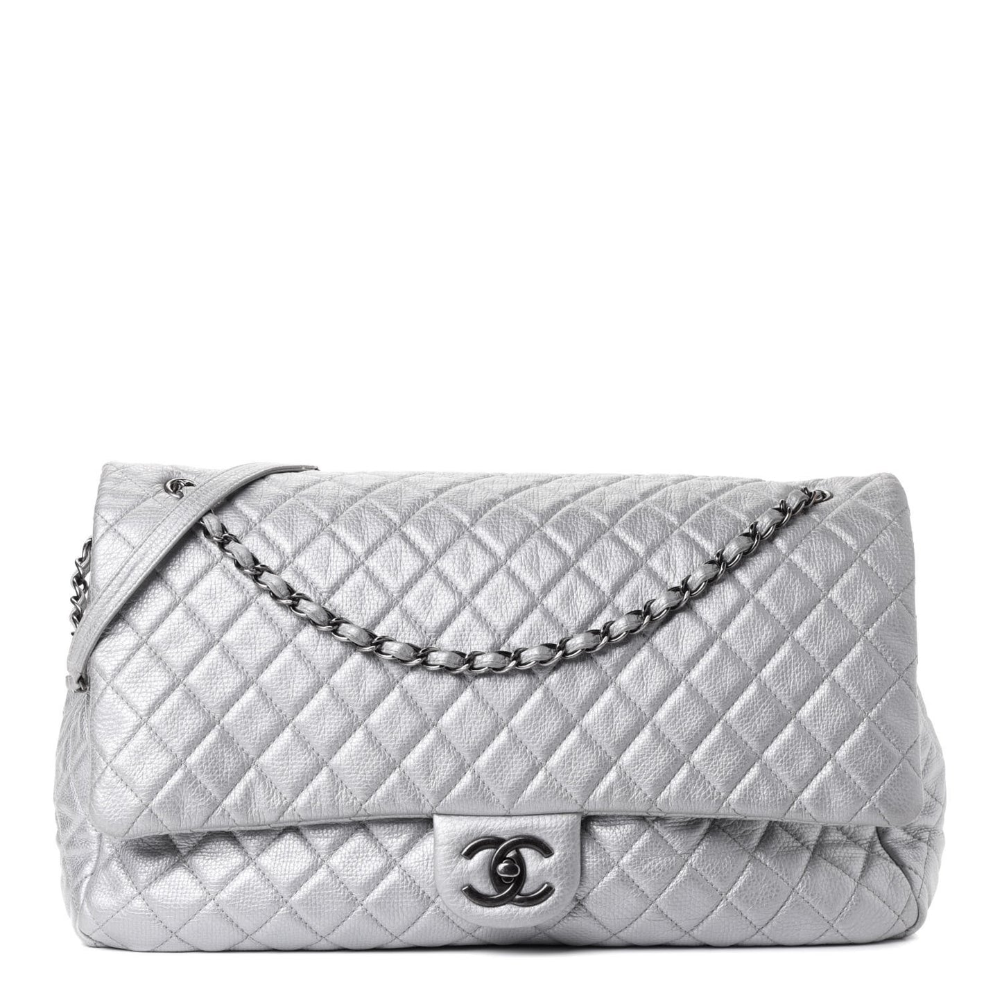 Metallic Calfskin Quilted XXL Travel Flap Bag Silver