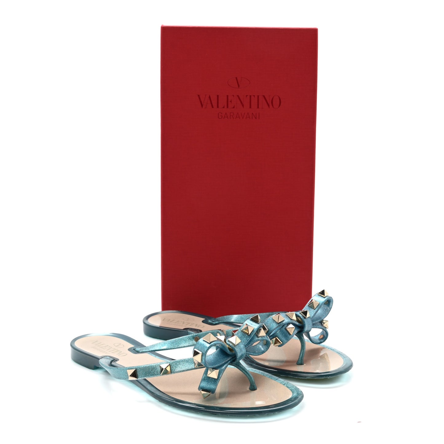 PVC Jelly Glitter Rockstud Bow Thong Sandals 36 Cerulean