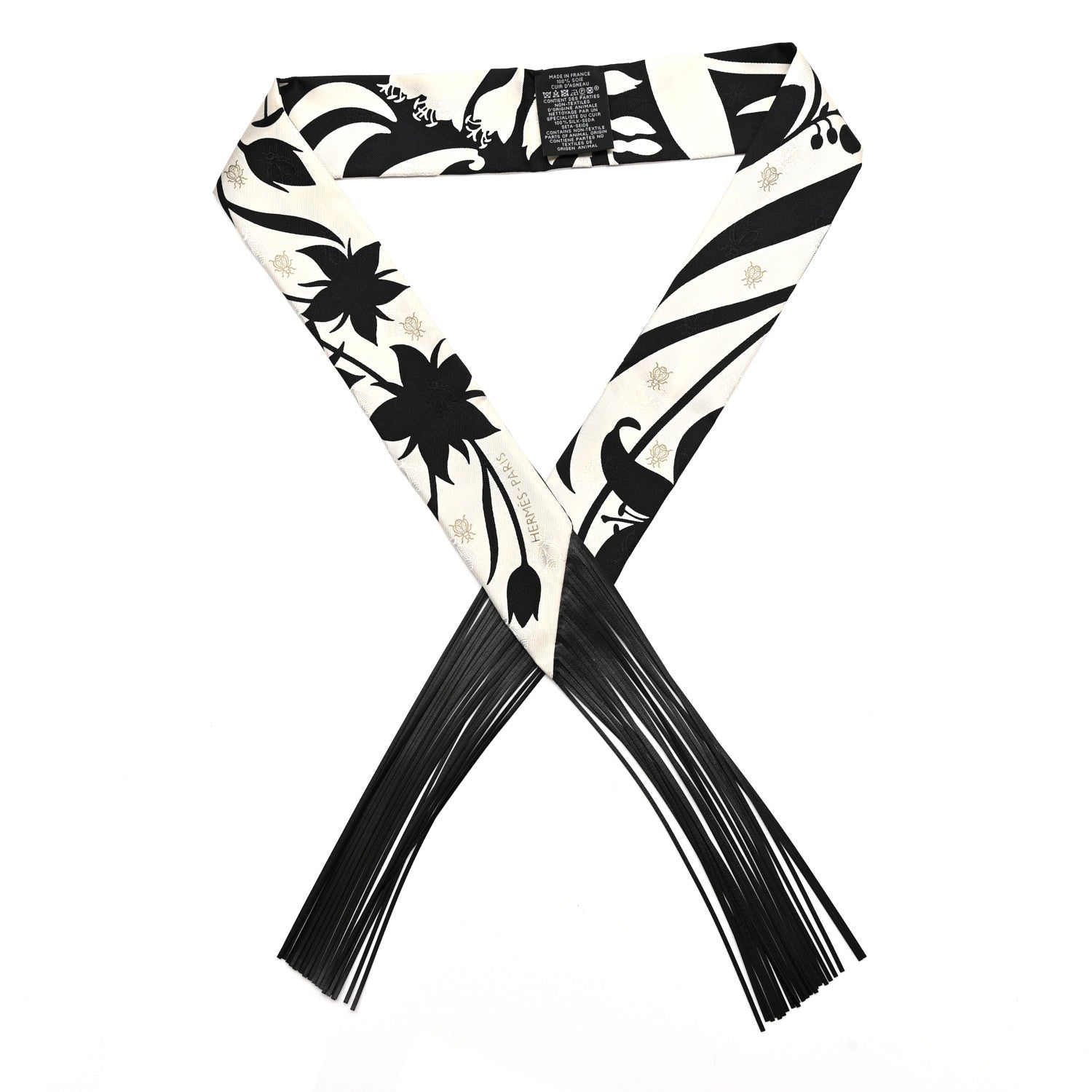 Hermes Silk Calfskin Bouquet Final Fringed Twilly Creme Black 1 of 4