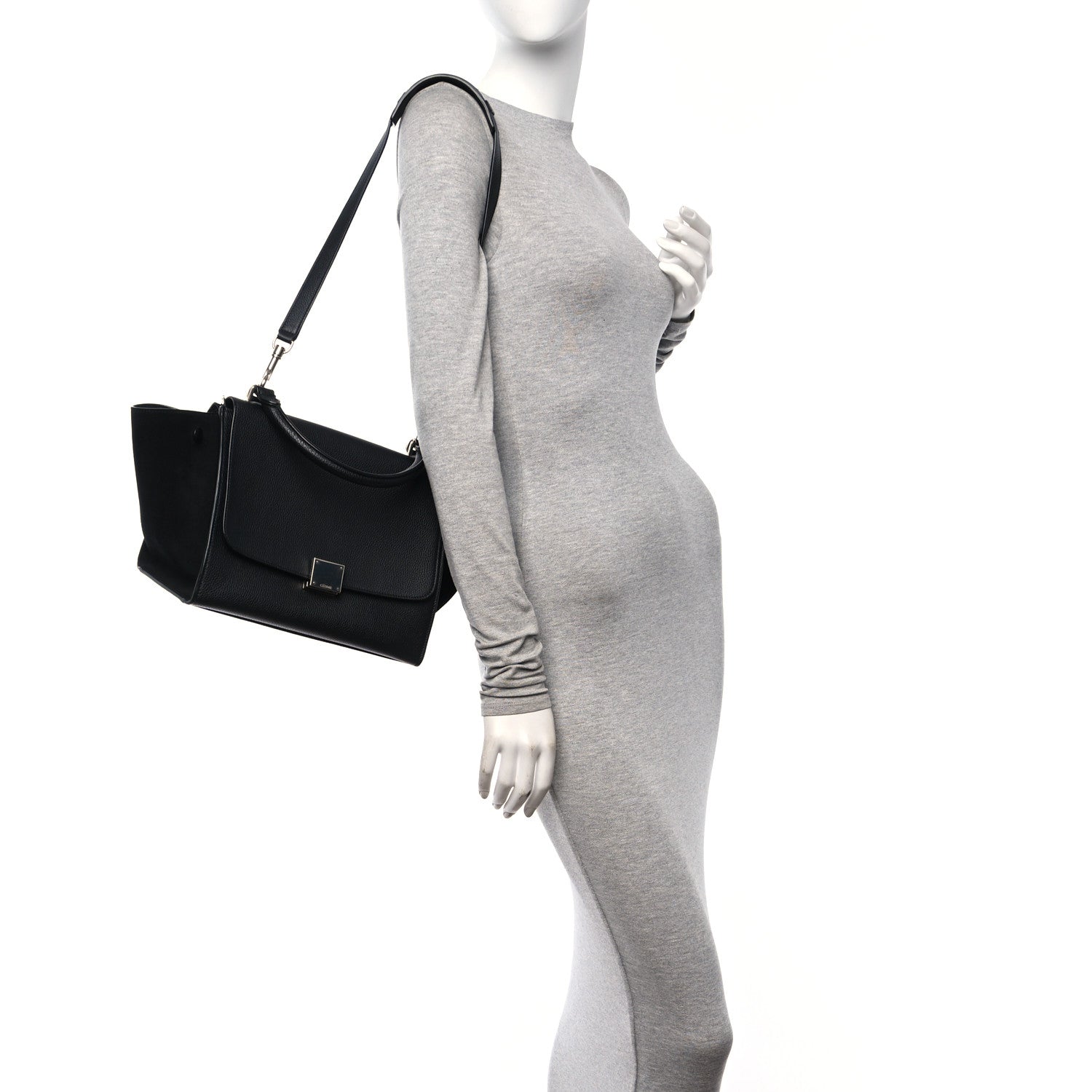 Celine Drummed Calfskin Suede Small Trapeze Black 2 of 9