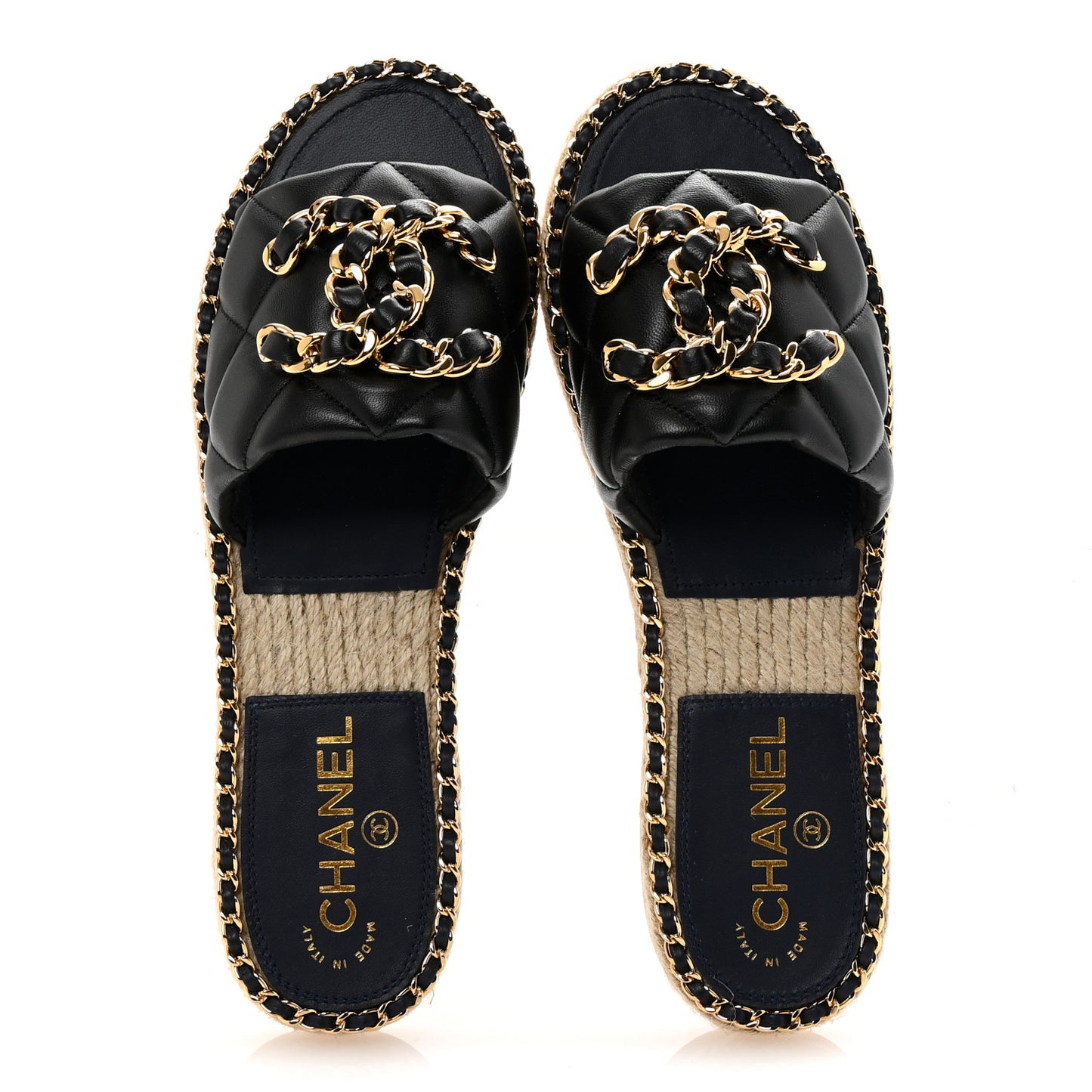 Lambskin Quilted CC Chain Espadrille Mules 38 Black Navy