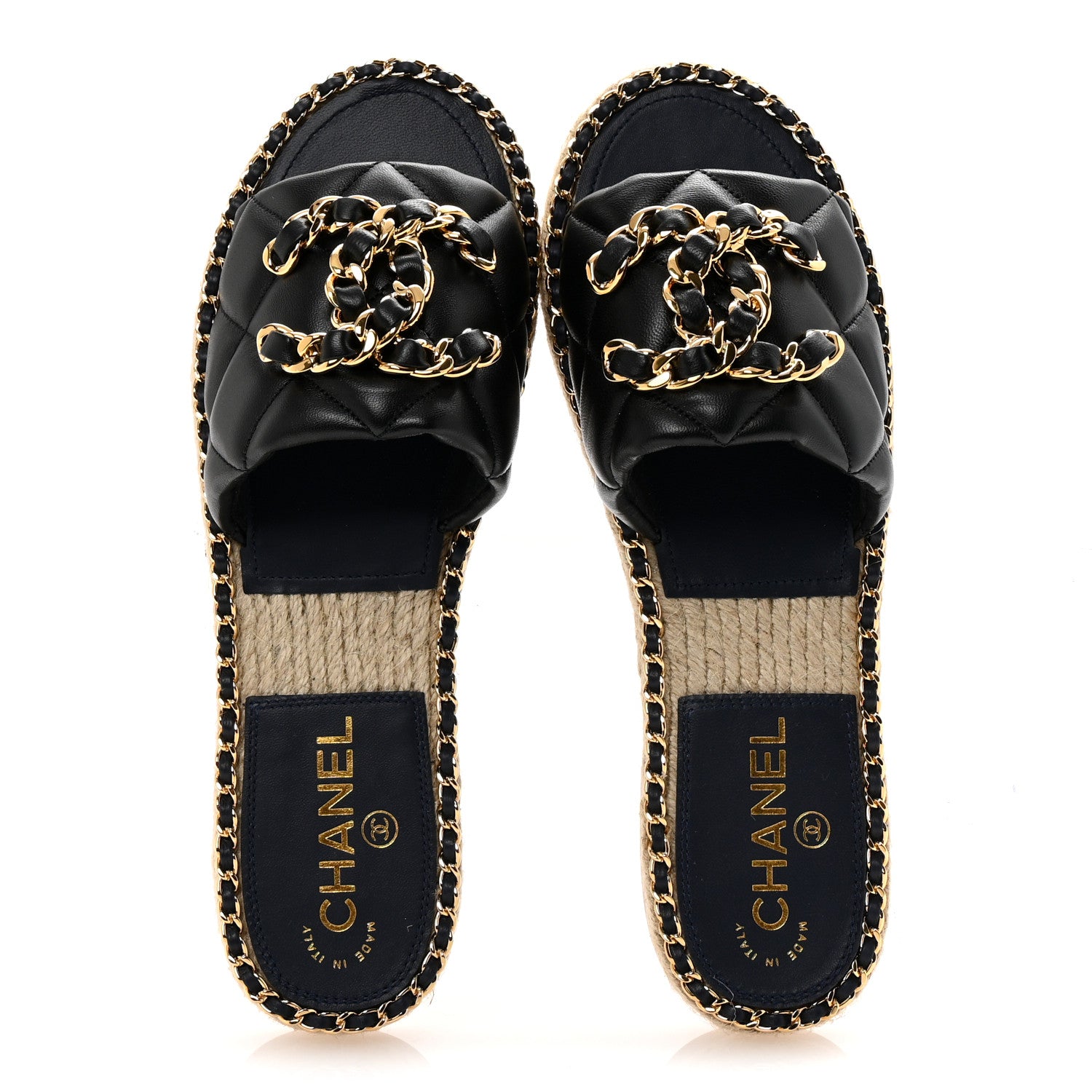 Chanel Lambskin Quilted CC Chain Espadrille Mules 38 Black Navy 2 of 10