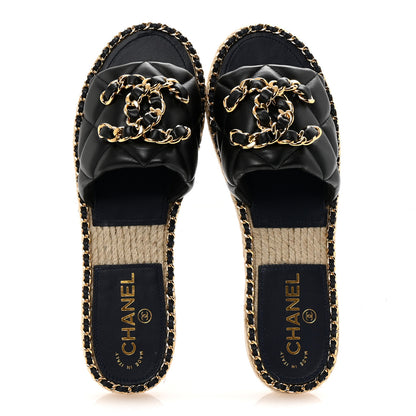 Chanel Lambskin Quilted CC Chain Espadrille Mules 38 Black Navy 2 of 10
