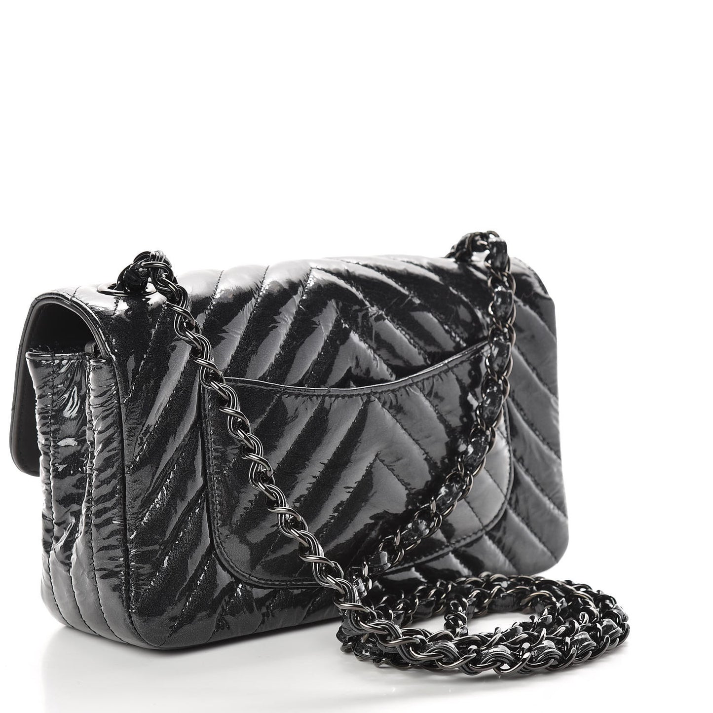Patent Metallic Crumpled Calfskin Chevron Quilted Mini Rectangular Flap So Black