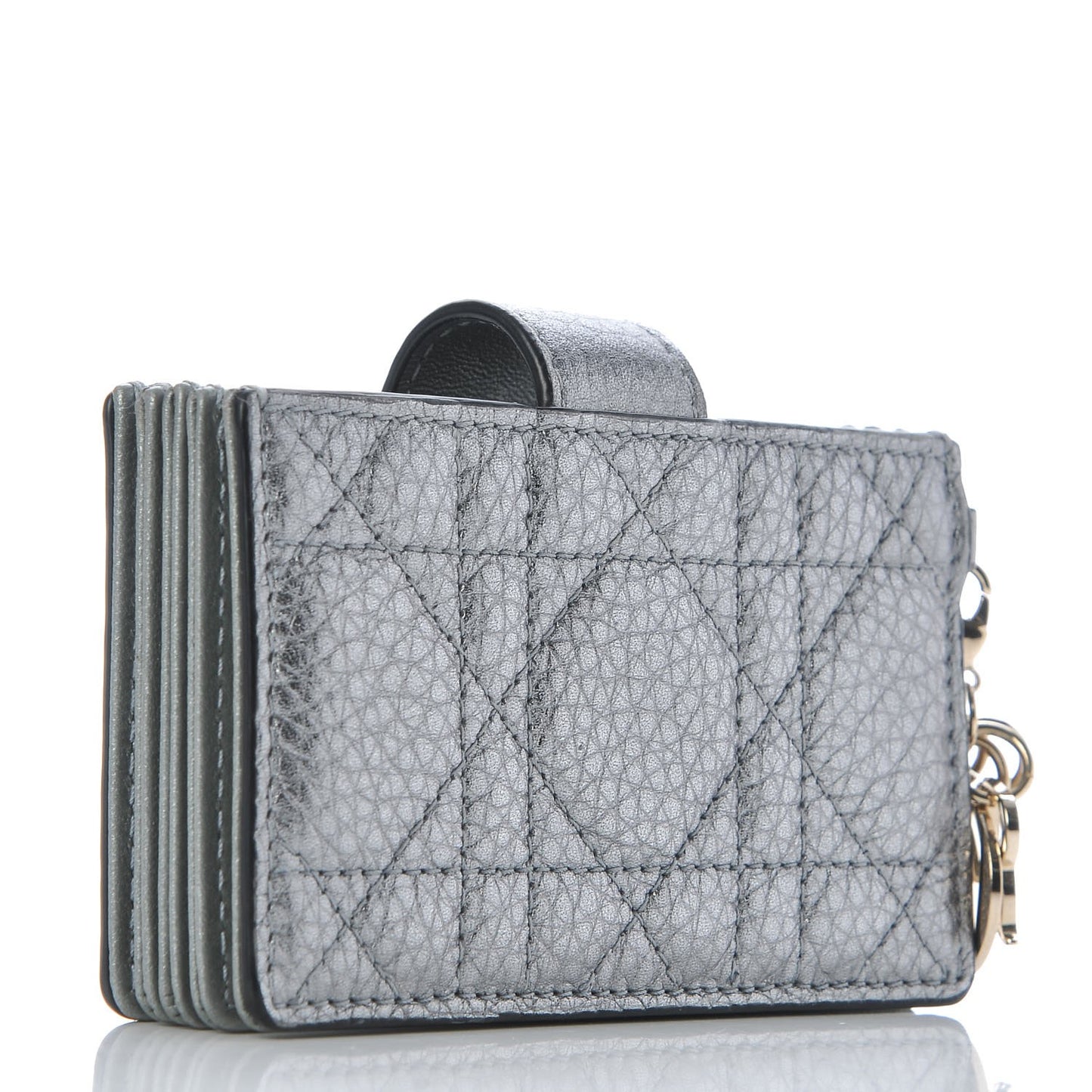 Metallic Grained Calfskin Cannage Lady Dior 5-Gusset Card Holder Silver