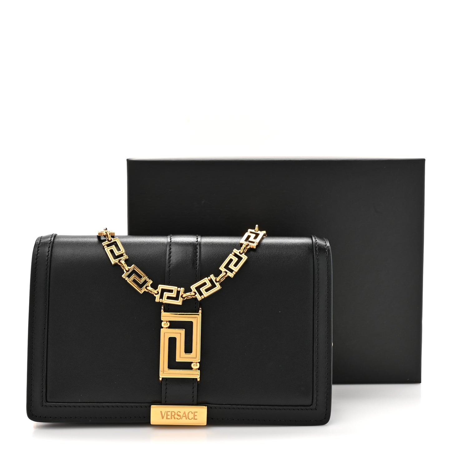 Calfskin Greca Goddess Wallet On Chain Black